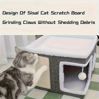Luxury Multi-Level Cat House Indoor Outdoor 2-Layer Bed Toy Tunnel Foldable Sofa Cat Scratching Board Climbing Rope Soft Cushion Cat Play Cube Weatherproof Nylon Frame Cat Arch Stairs