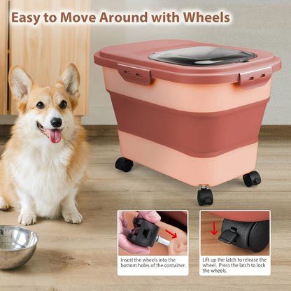 Foldable Pet Food Storage Container with Airtight Lid & Wheels – Large Capacity Moisture-Proof Dog Cat Food Bin 5–30 LBS, Collapsible Storage for Pet Food, Grains & Flour, Gray Green Pink