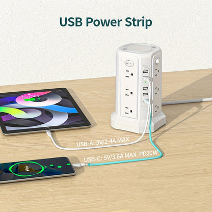 Tower Surge Protector Power Strip 12 AC Outlets 5 USB Ports PD 18W USB-C Fast Charging 10FT Extension Cord 1800J Surge Protection 4 Switches for Home Office Desk Dorm Room – Space-Saving Vertical Design