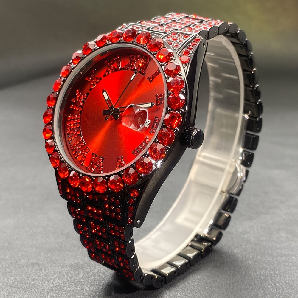 Rhinestone Couples Watch Set Luxury Quartz Movement Calendar Luminous Display for Men Women Red and Ice Blue Rhinestone Party Fashion Gift Watch