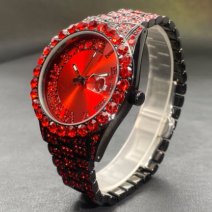 Rhinestone Couples Watch Set Luxury Quartz Movement Calendar Luminous Display for Men Women Red and Ice Blue Rhinestone Party Fashion Gift Watch