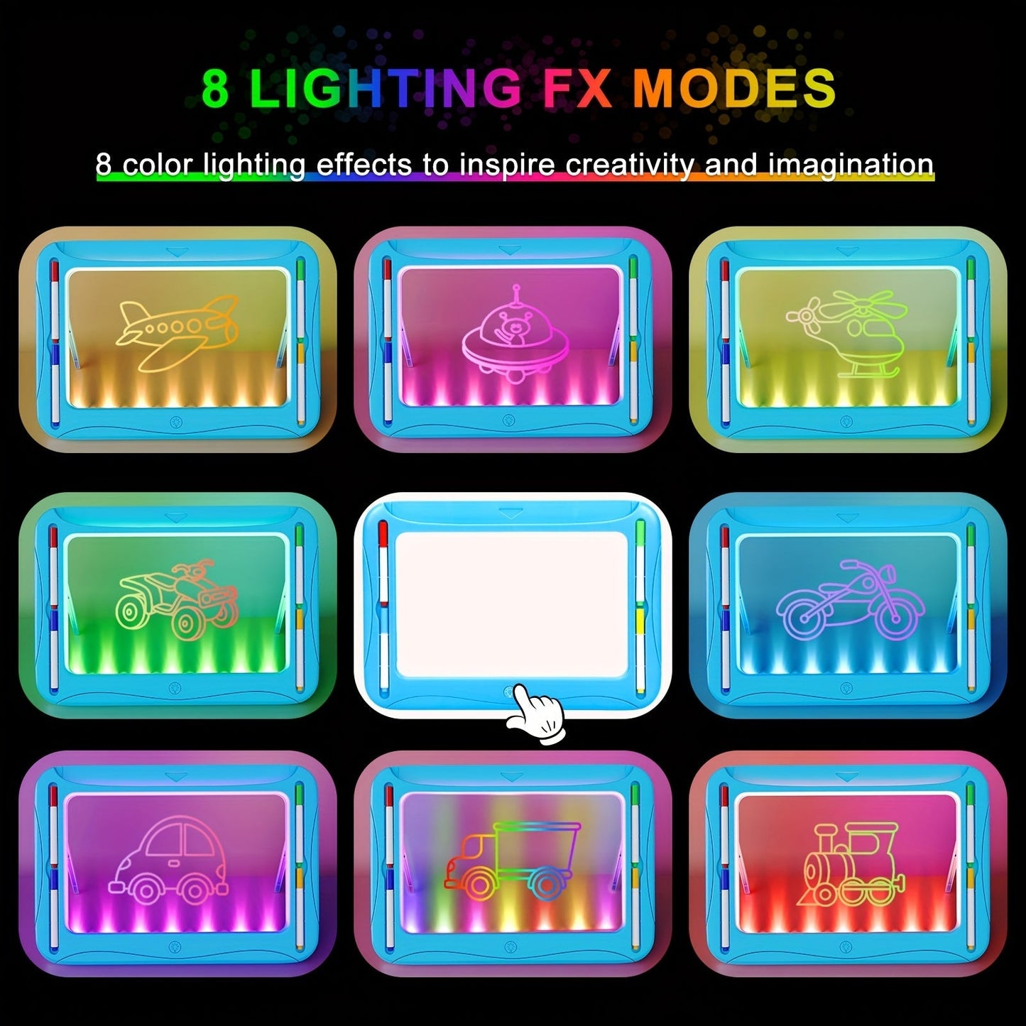 LED Light-Up Drawing Doodle Board for Kids Ages 3-8 – Glow Writing Art Set with 9 Double-Sided Cards & 6 Markers, Educational Learning Travel Toy, Birthday & Christmas Gift for Girls Boys