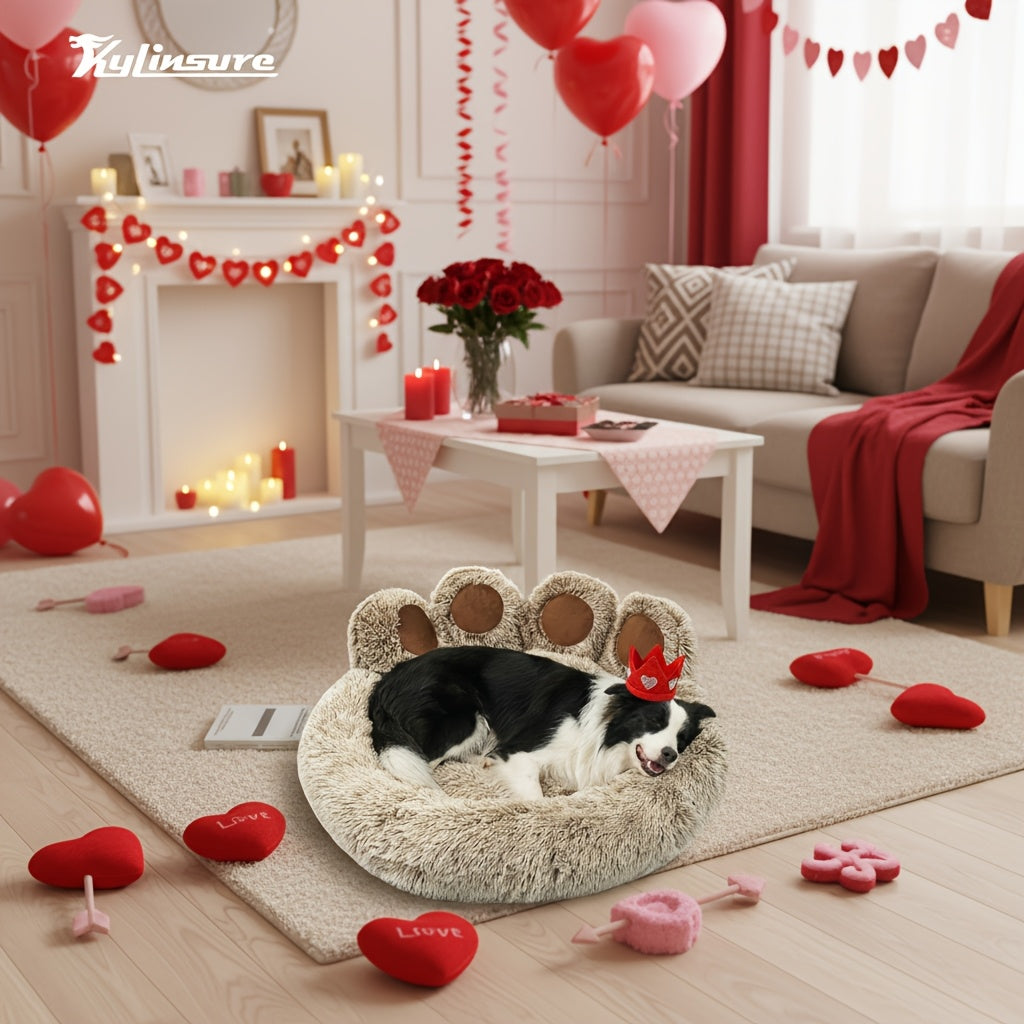 Bear Paw Shaped Donut Dog Bed & Cat Bed – Calming Warm Soft Plush Round Pet Mattress with Bonus Pet Scarf S M L XL 2XL Coffee Pink Grey Brown for Small Medium Large Dogs Cats