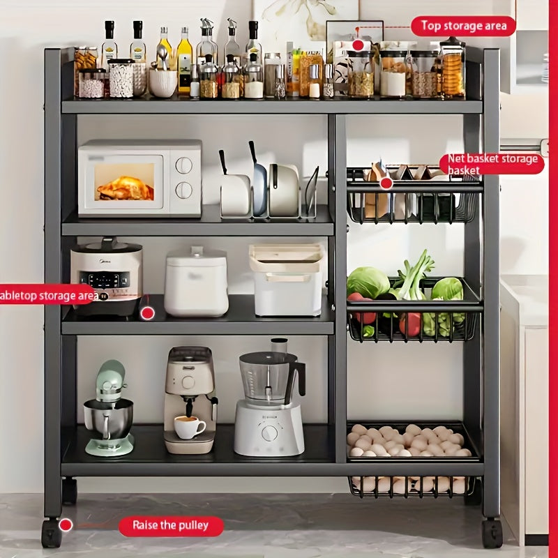 4-Tier Rolling Storage Rack with Wire Baskets & Wheels – Adjustable Metal Shelf for Kitchen Pantry Garage Bathroom Closet, Movable Standing Organizer, Housewarming Gift