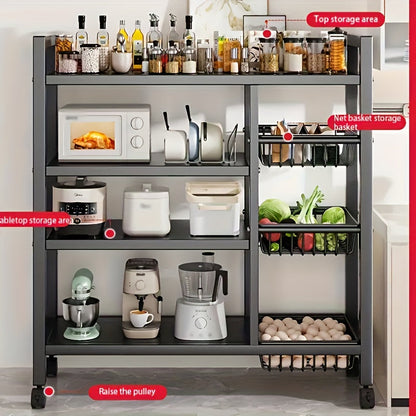 4-Tier Rolling Storage Rack with Wire Baskets & Wheels – Adjustable Metal Shelf for Kitchen Pantry Garage Bathroom Closet, Movable Standing Organizer, Housewarming Gift