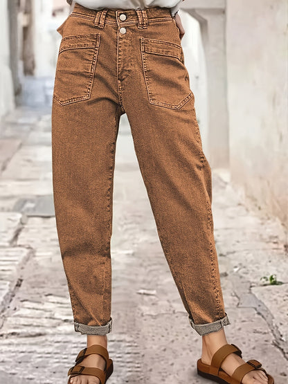 Women's Stretch Mid-Rise Straight Jeans - Olive Green Button-Fly Slash Pockets Belt Loops, 4-Way Stretch Baggy Street Fashion Denim Pants for Casual Semi-Formal Four Seasons Wear, Machine Washable