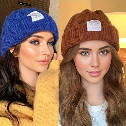 2 Pack Winter Knit Beanies for Women Men, Candy-Colored Chunky Cable Knit Warm Hats with Ear Protection, Loose Fit Slouchy Beanie for Outdoor Street Wear Cold Weather