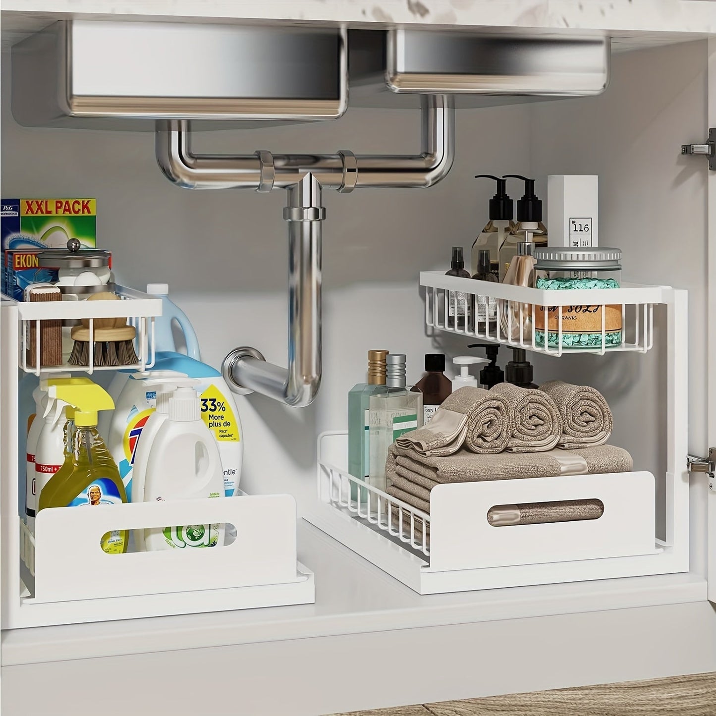 Under Sink Organizer Pull Out 2-Tier Slide Out Cabinet Shelf Kitchen Bathroom Storage Rack Utility Organizer – Black White Light Grey, 1 or 2 Pack