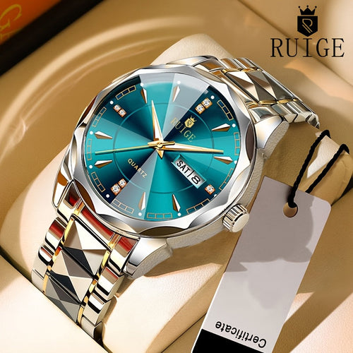 RUIGE Men's Fashion Quartz Watch – Night Light, Dual Calendar, Diamond Shaped Mirror Dial, Stainless Steel Case, Alloy Strap, Business Casual Wristwatch, Perfect Father's Day Gift for Men
