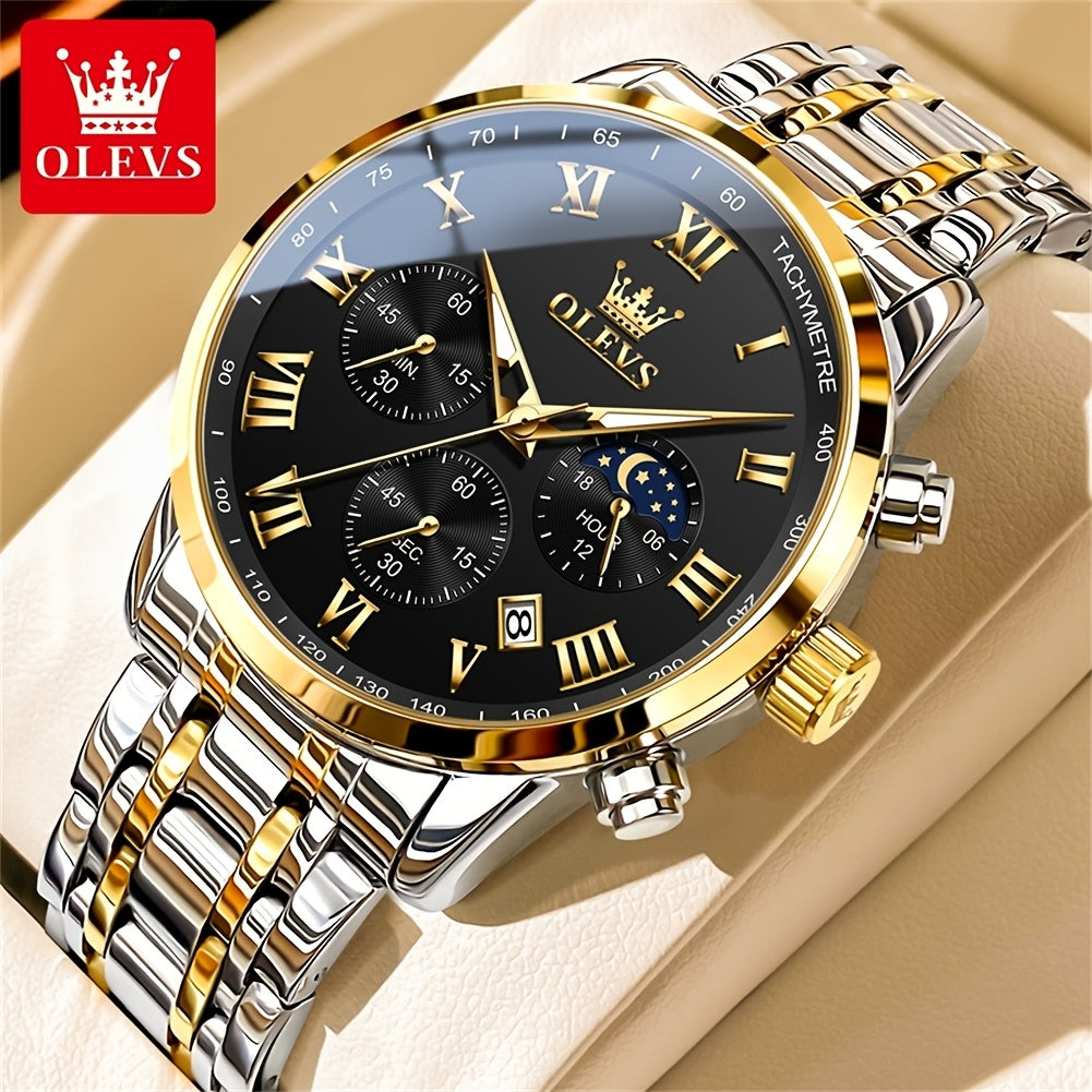 OLEVS Men's Luxury Stainless Steel Watch – Chronograph, Roman Numerals, Moon Phase Display, Luminous Analog Quartz Dress Watch for Men, 8 Color Options, Perfect Business & Gift Watch