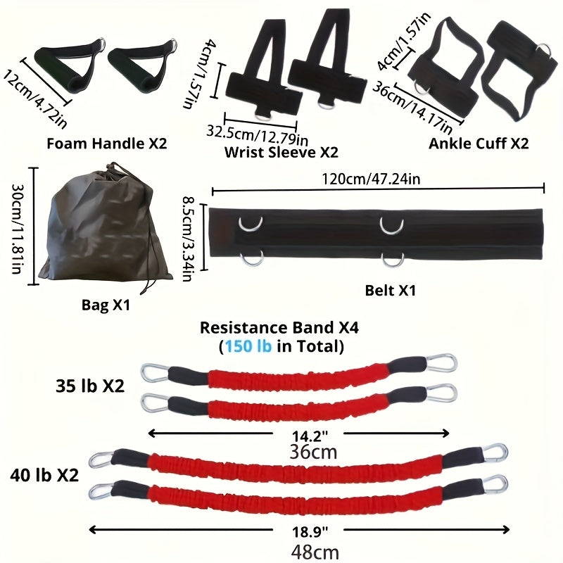 Boxing Resistance Band Set 12pcs 150lb Heavy-Duty | MMA Martial Arts Training Straps | Leg Arm Full Body Strength Speed Trainer | Home Gym Boxing Taekwondo Kickboxing | Black Red