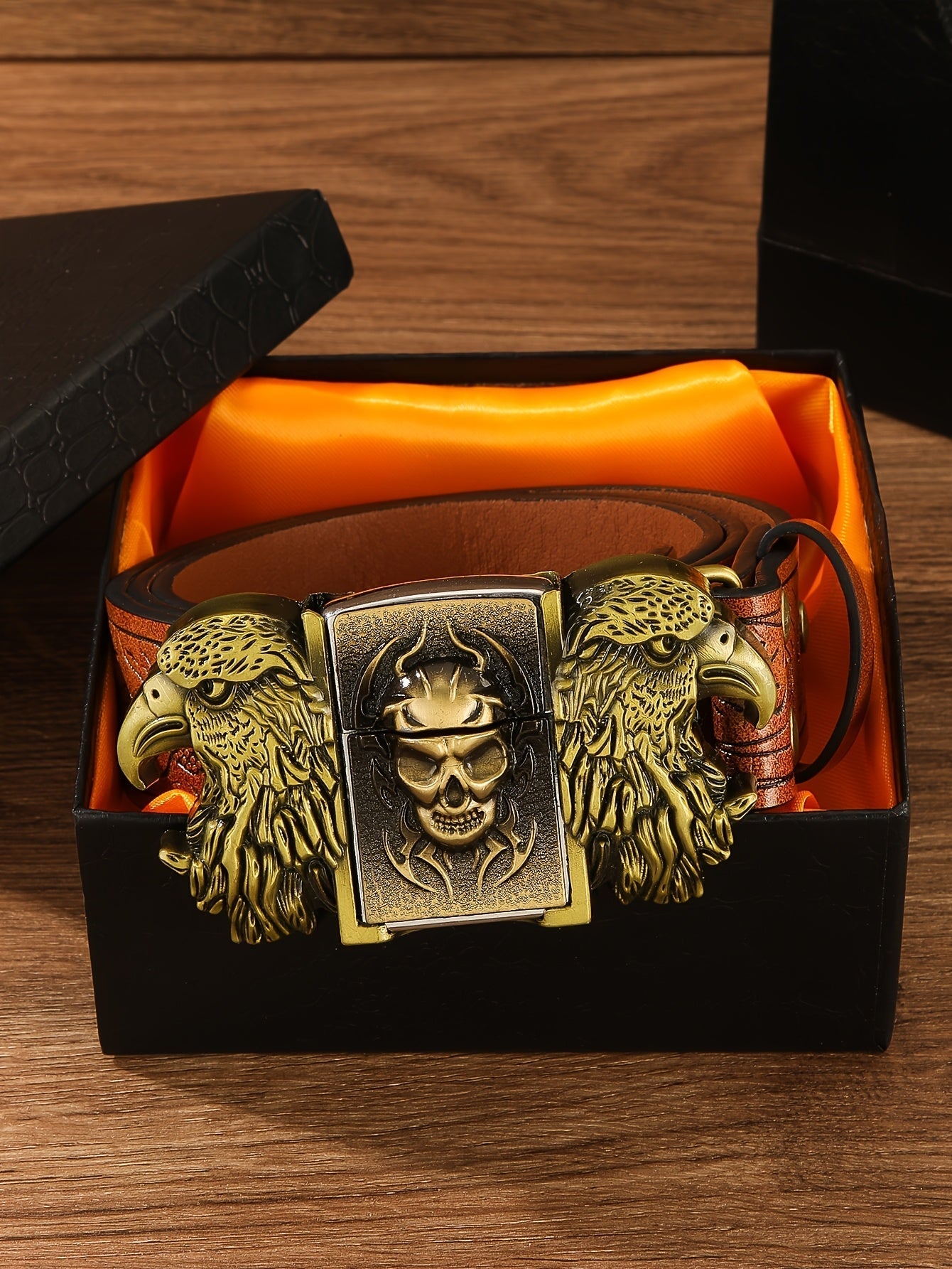 Retro Western Cowboy Belt with Detachable Lighter – Embossed Printed Novelty Accessory Belt in Skull, Eagle, Cross & Native American Designs, Unique Gift for Men for Christmas, Thanksgiving & Valentine's Day