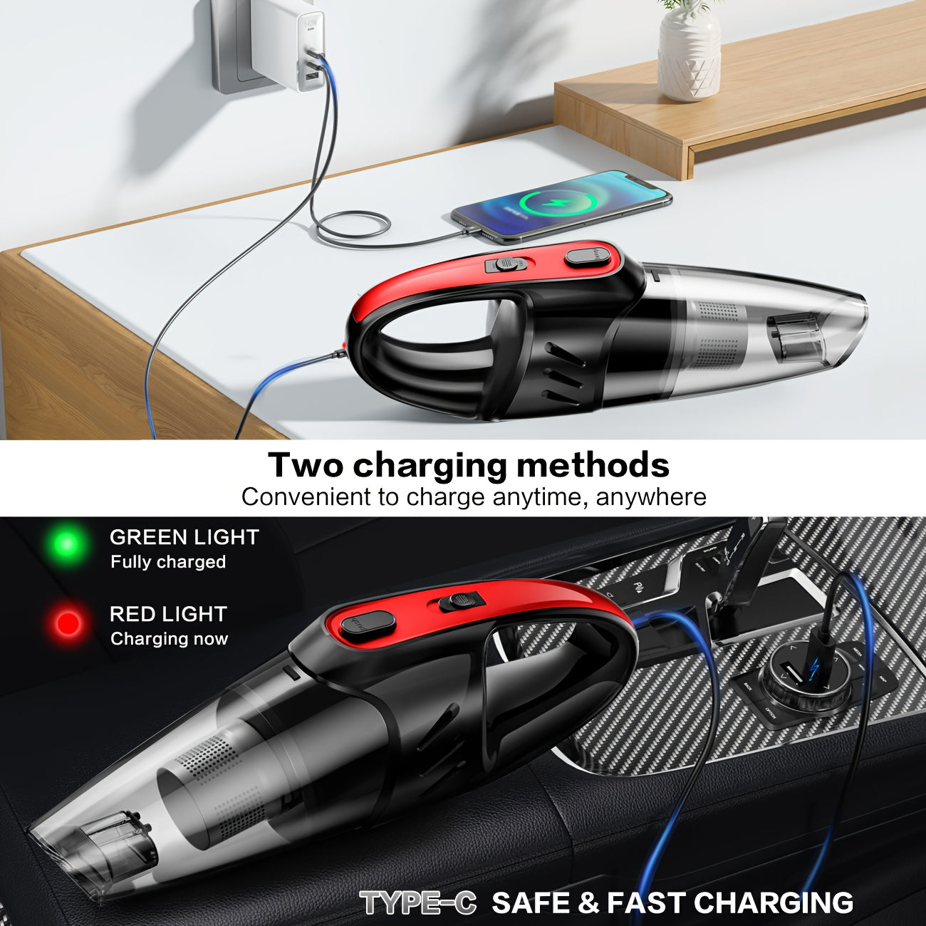 Handheld Car Vacuum Cleaner 6000PA 2000mAh Rechargeable 40dB Low Noise 5 Accessories for Car Home Pet Hair Pink