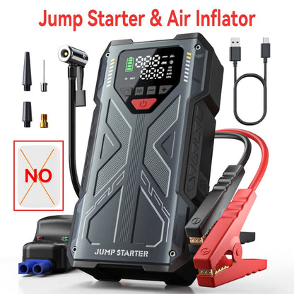 9-in-1 Portable Jump Starter with Air Compressor for 12V Car Up to 8.0L Gas 6.5L Diesel – Battery Booster Pack with Tire Inflator, USB Power Bank, LED Emergency Light & Roadside Kit