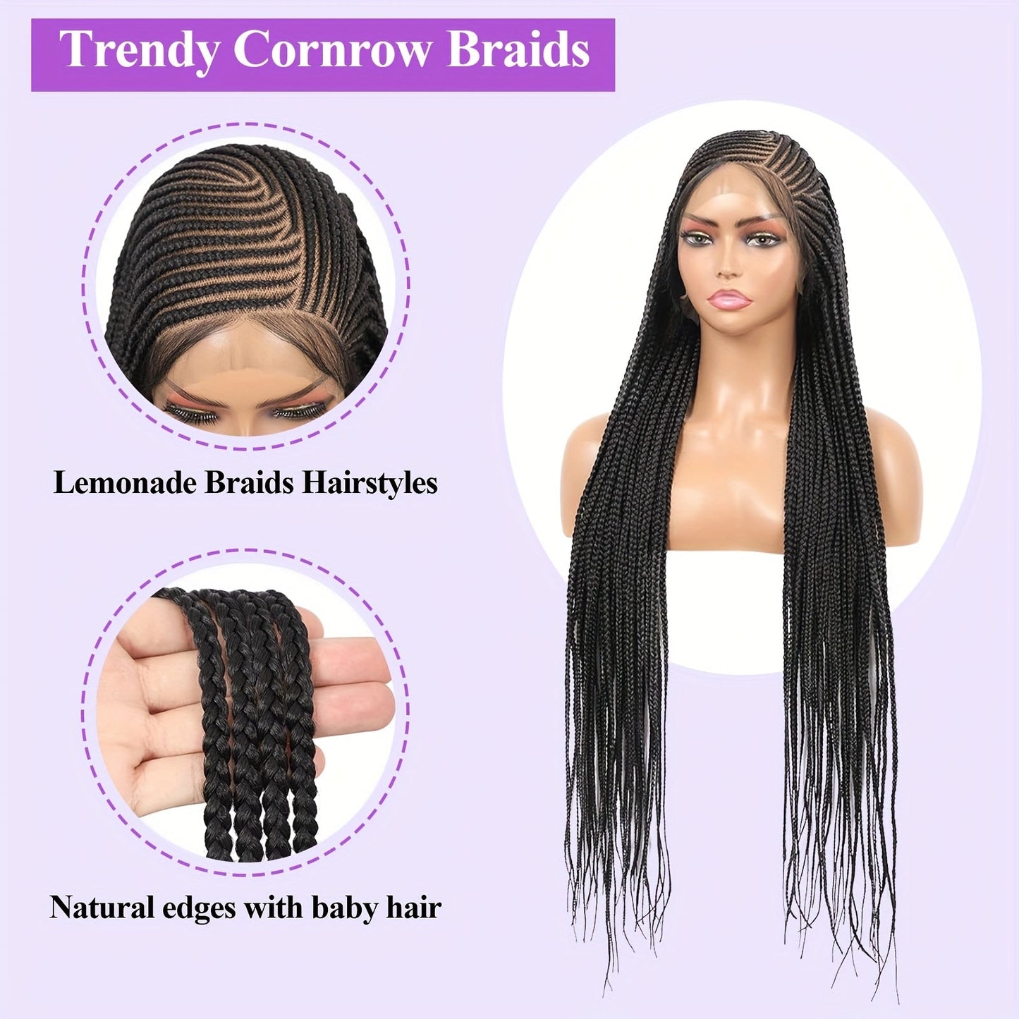 Box Braid HD Lace Front Wig for Black Women 36 Inch – Synthetic Full Lace Frontal, Natural Hairline, Everyday & Party Wear, Black