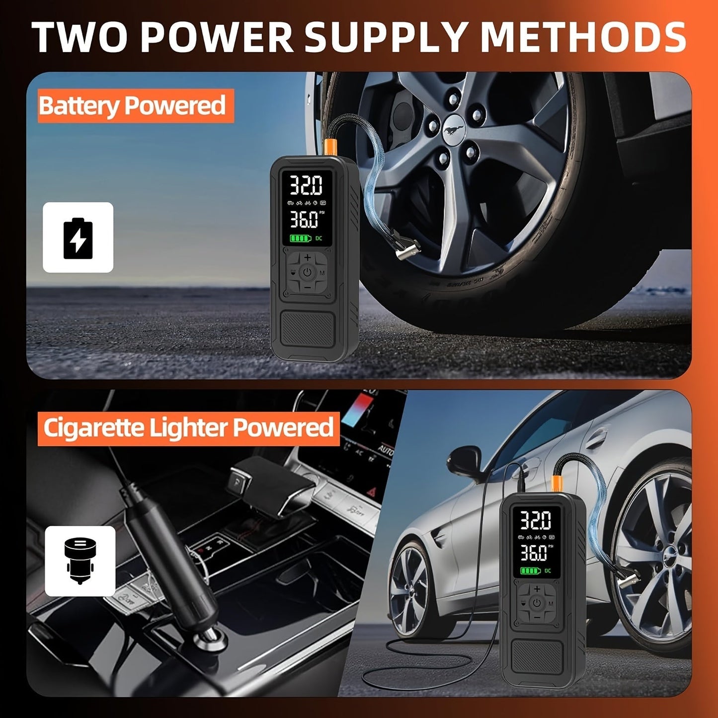 Portable Cordless Tire Inflator 160PSI Air Compressor with Digital Pressure Gauge LED Light 8X Faster Inflation for Car Motorcycle Bike Ball - Rechargeable Electric Air Pump