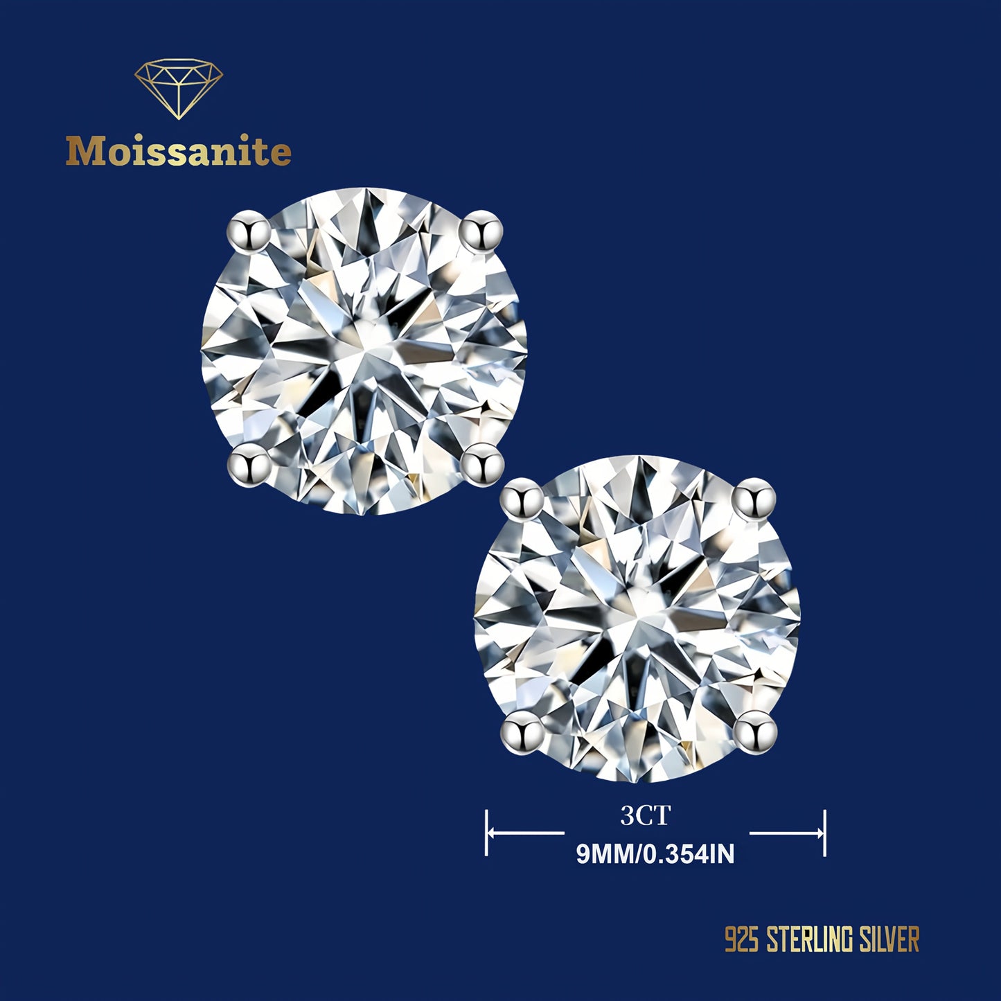 Lab Moissanite Stud Earrings D Color VVS1 Clarity – Brilliant Round Cut 18K Gold Plated 925 Sterling Silver, 1CT 2CT 4CT 6CT, Jewelry Box Included, Gift for Women Girls
