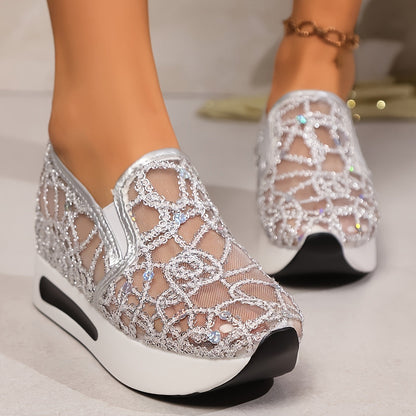 Women's Glitter Sneakers Thick Heel Height-Increasing – Breathable Net Perforated Shock-Absorbing PU Sole All-Season Casual Sporty Shoes, 3 Colors, US Sizes 6–11.5