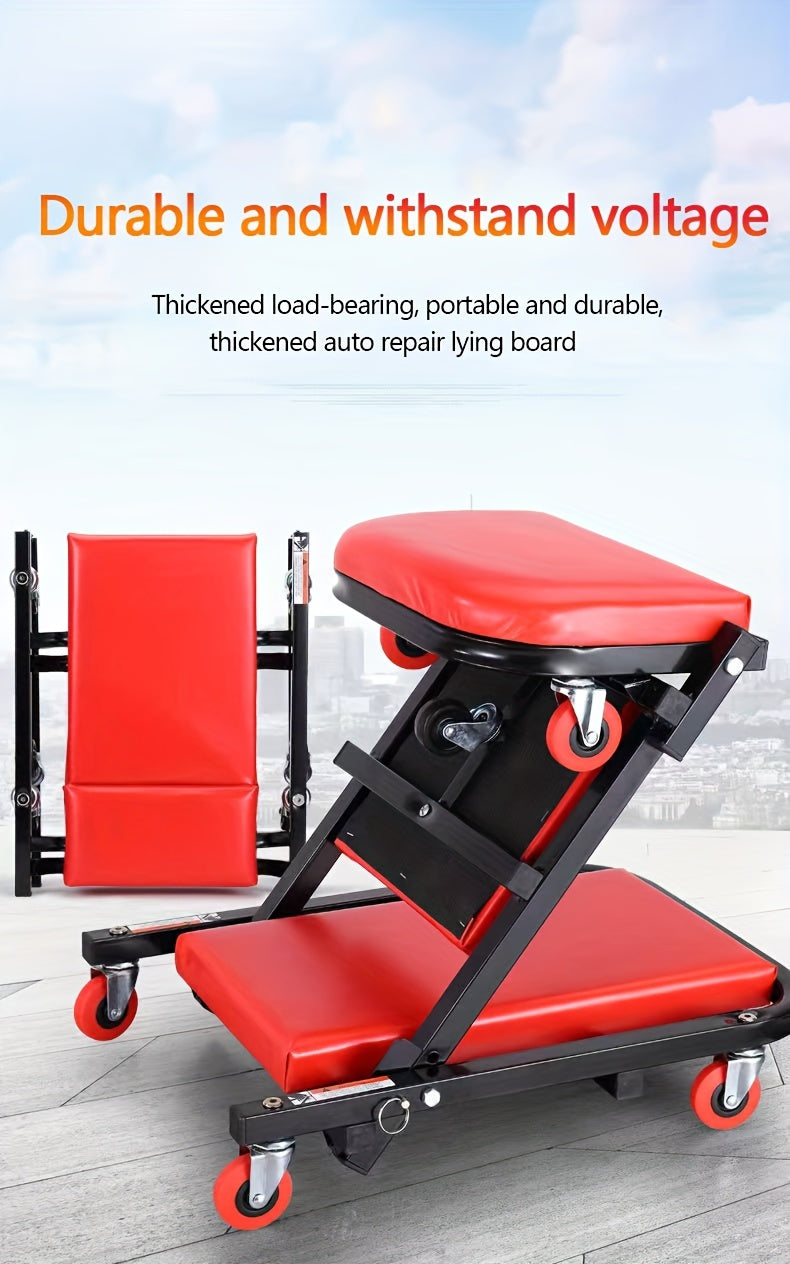 Foldable 2-in-1 Mechanic Creeper & Rolling Seat 300LB | 36 Inch Z-Crawler with 6 Swivel Wheels, Adjustable Headrest, Folding Car Repair Creeper for Garage Workshop – Black & Red
