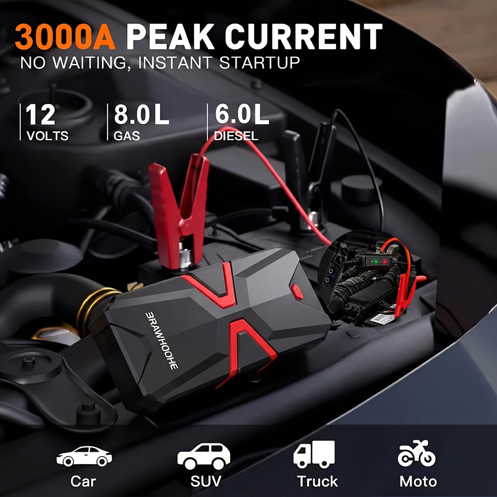 3000A Car Jump Starter 9-in-1 with Built-In Tire Inflator, USB Ports & LED Emergency Light – 12V Portable Wireless Battery Booster for Cars, Trucks & SUVs – Roadside Emergency Tool – Velora