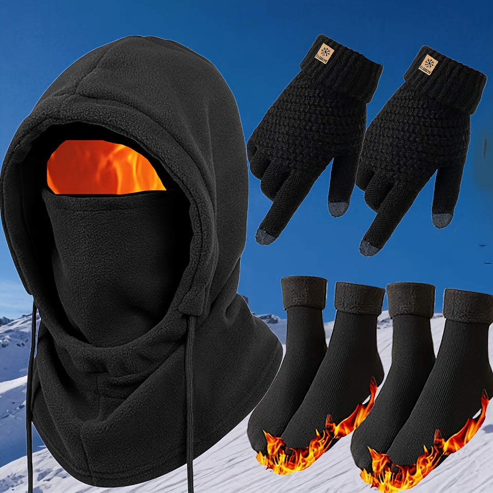 Winter Thermal Set 3/4pcs Windproof Face Mask Touchscreen Gloves Thick Fleece Socks Cold Weather Gear for Snowboarding Skiing Hiking Ice Fishing – Lightweight Warm Outdoor Accessories Bundle
