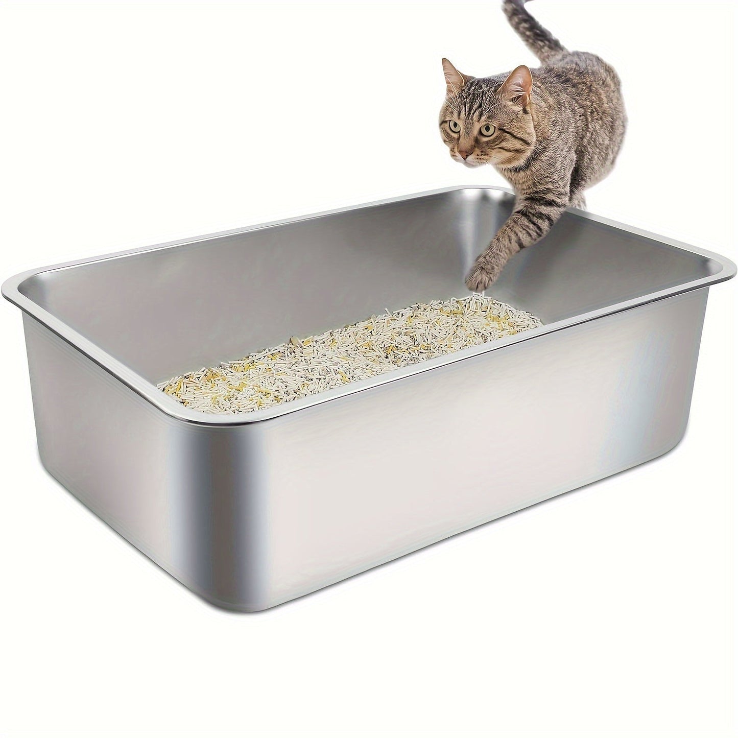 Stainless Steel Cat Litter Box XL – 2-Pack Extra Large Metal Litter Box, 6" Deep High Sides, Easy to Clean, Odor Resistant, for Big Cats & Multi-Cat Households, Rectangle Corner-Fit Design