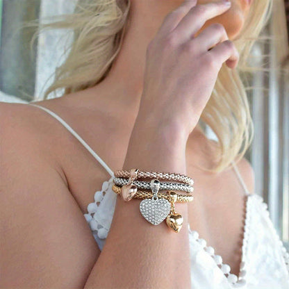 3PC Stainless Steel Stackable Bracelet Set for Women – Gold Silver Rose Gold Corn Chain & Heart Tree of Life Elastic Bracelet, Hypoallergenic Daily & Party Wear