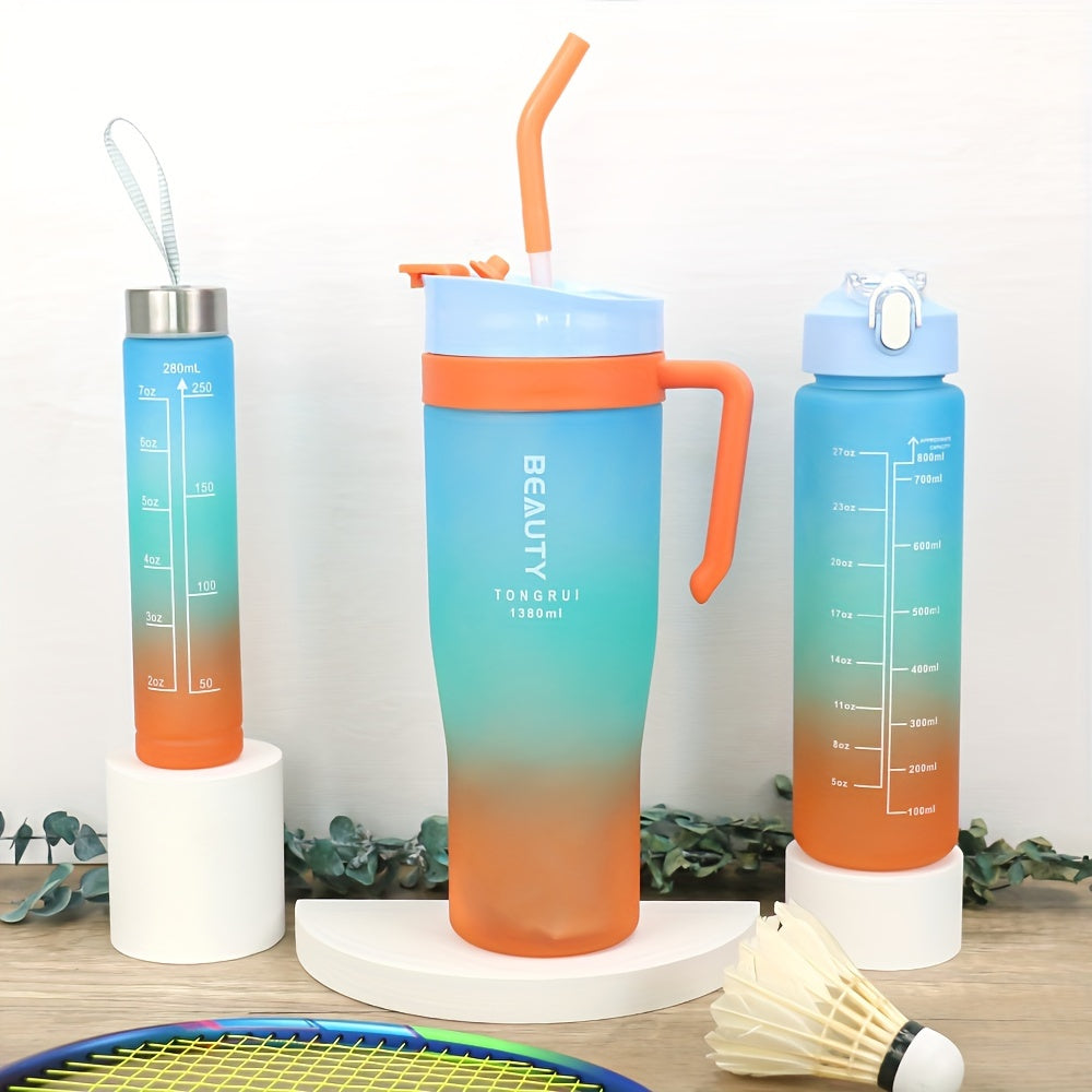 3-Pack Water Bottles Set 46oz 27oz 9.5oz with Straw Lid & Handle – BPA-Free Insulated Travel Cups for Gym Hiking Camping Fitness & Outdoor Sports, Leak-Proof Reusable Drinking Bottles