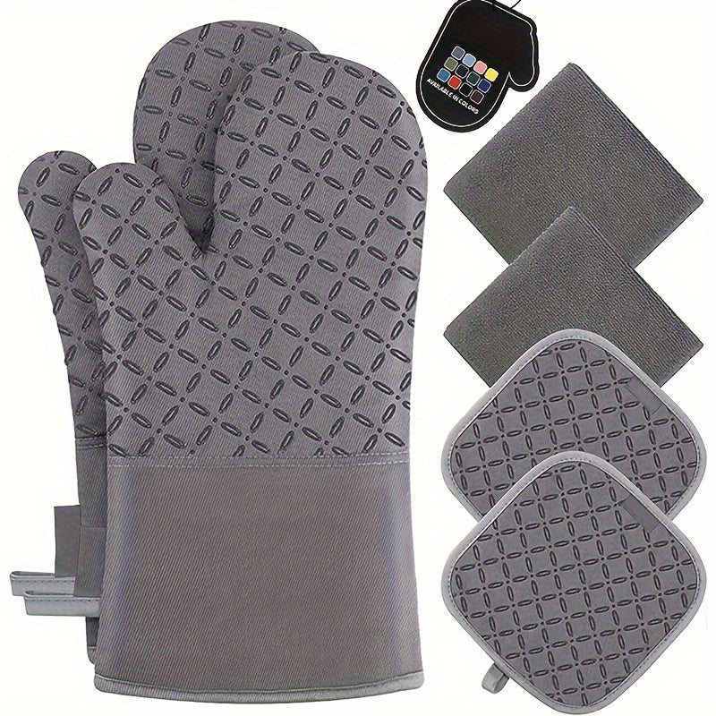 Oven Mitts and Pot Holders Set 6 Piece Heat Resistant Non-Slip Silicone Kitchen Gloves for Baking BBQ Cooking – Includes 1 Pair Mitts & 4 Pot Holders