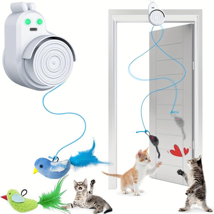 Interactive Cat Toy for Indoor Cats – Automatic Electric Flying Bird Feather Stick-On Hanging Self-Play Kitten & Adult Cat Enrichment Toy for Bored Cats, White Blue Grey