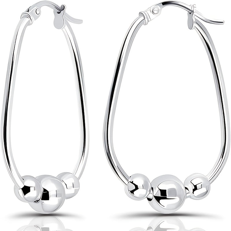 S925 Sterling Silver 3-Bead Hoop Earrings for Women – 18mm Hypoallergenic Pendant Bead Ring Earrings with Gift Box, Perfect Holiday & Birthday Gift