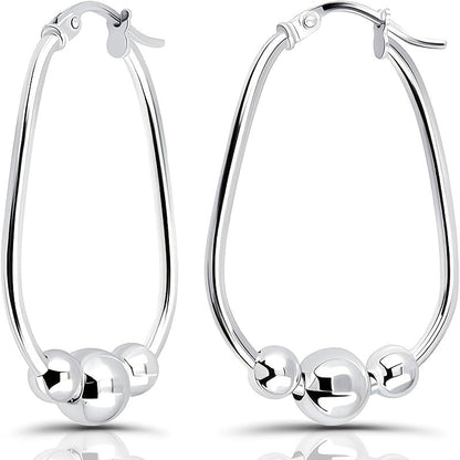 S925 Sterling Silver 3-Bead Hoop Earrings for Women – 18mm Hypoallergenic Pendant Bead Ring Earrings with Gift Box, Perfect Holiday & Birthday Gift