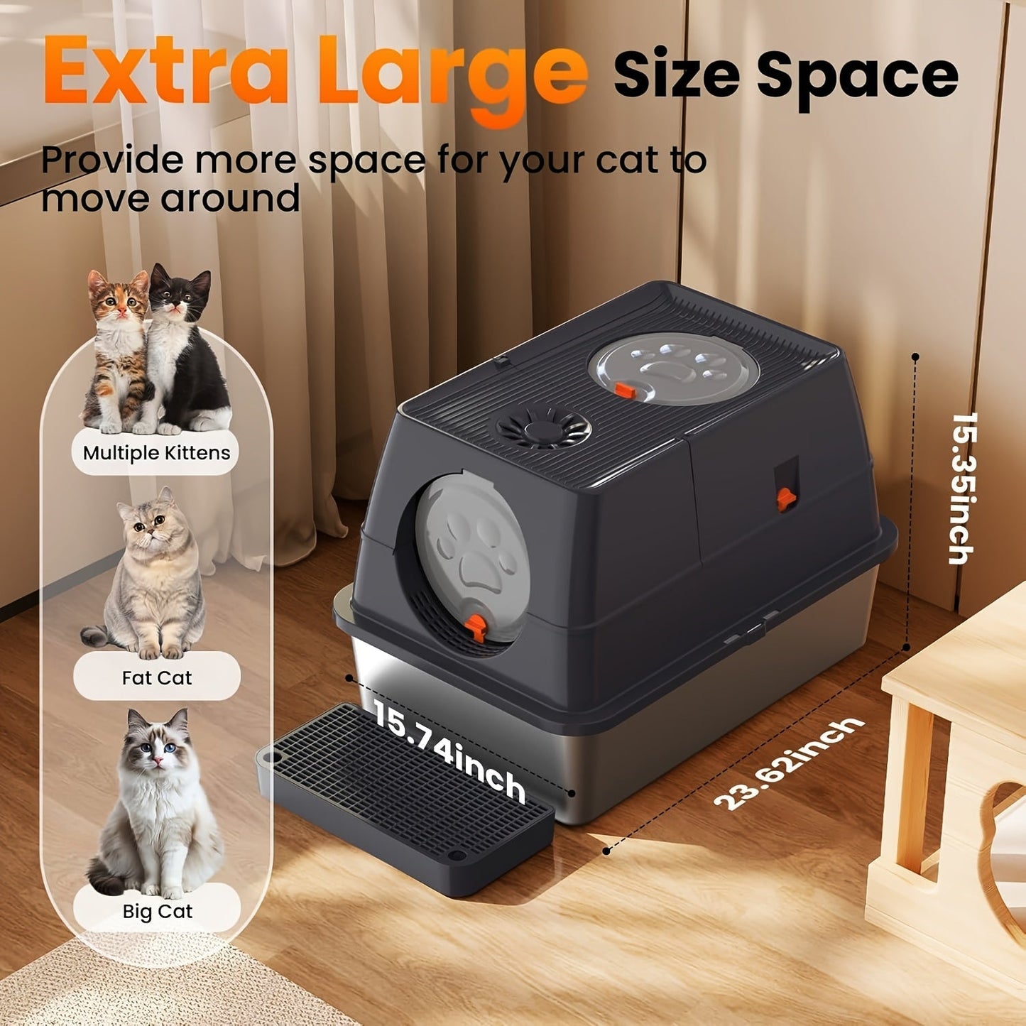 XL Stainless Steel Enclosed Cat Litter Box with Flip Top Lid & High Sidewalls – 3-in-1 Anti-Scatter Metal Litter Pan for Large Cats & Multi-Cat Households