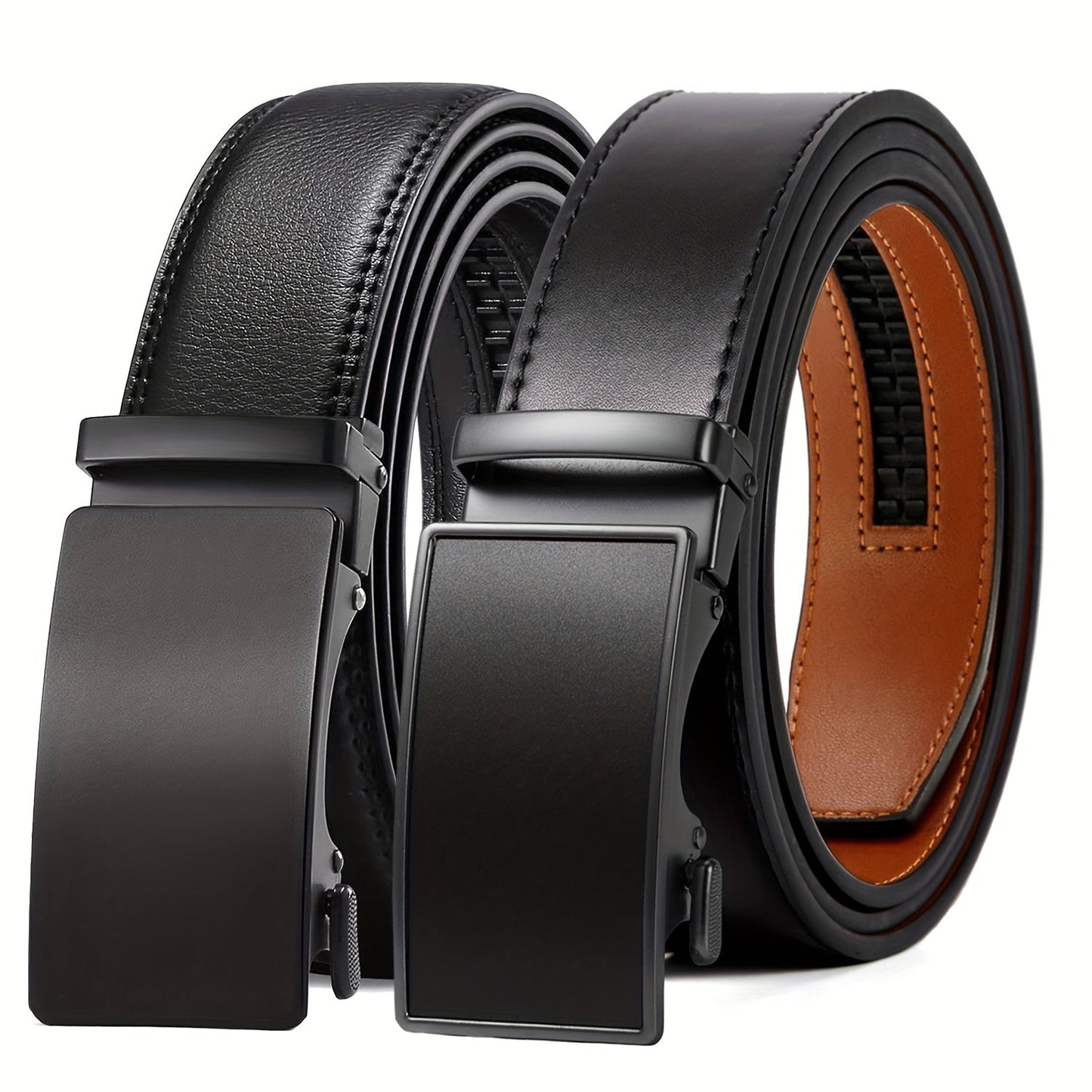 Men's Ratchet Belts 2-Pack – Genuine Leather Cut-to-Fit Dress & Casual Belts for Men, Adjustable Waist 28–52 Inches, Perfect Gift for Him