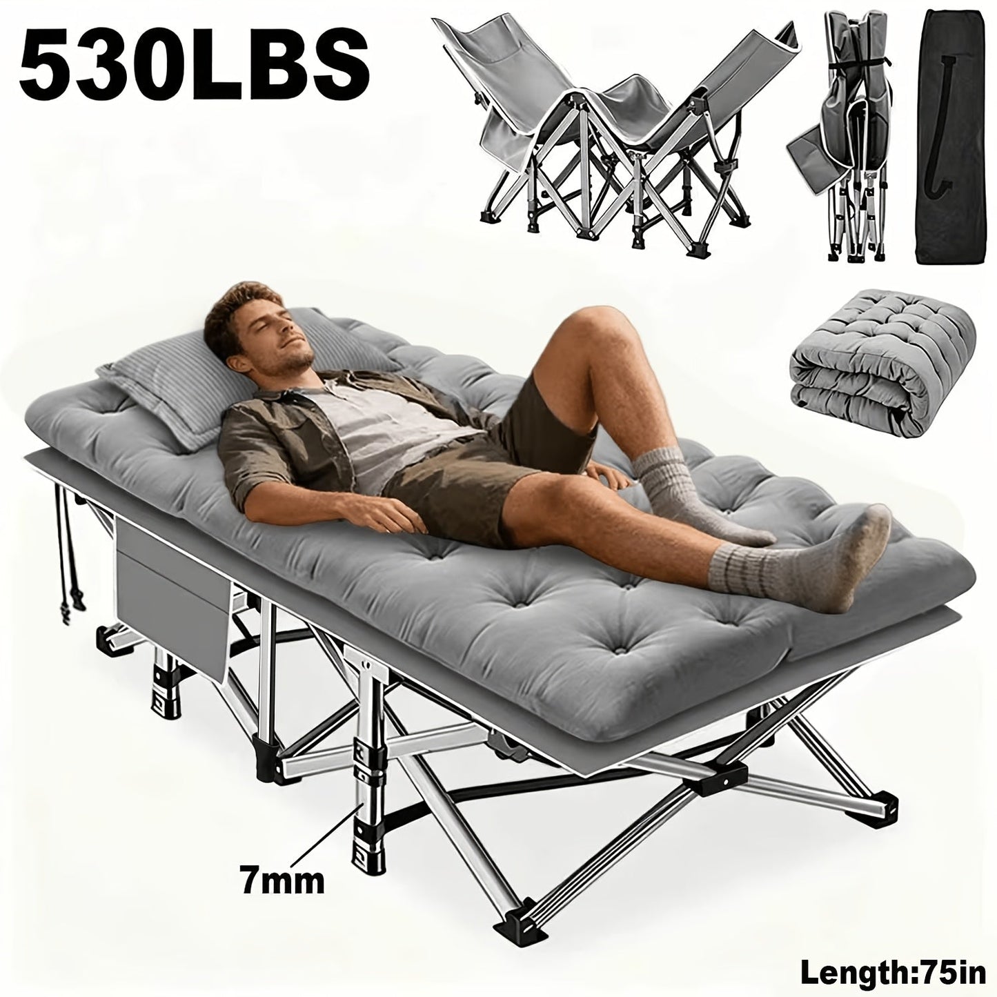 Heavy Duty Folding Bed with Optional Mattress up to 630 LBS – Portable Camping Cot with Multi-Leg Support, Side Pockets & Pillow, 59–77 Inch All Season Guest Napping Bed Space Saving