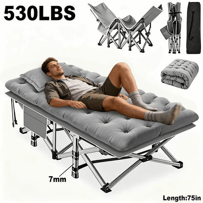 Heavy Duty Folding Bed with Optional Mattress up to 630 LBS – Portable Camping Cot with Multi-Leg Support, Side Pockets & Pillow, 59–77 Inch All Season Guest Napping Bed Space Saving