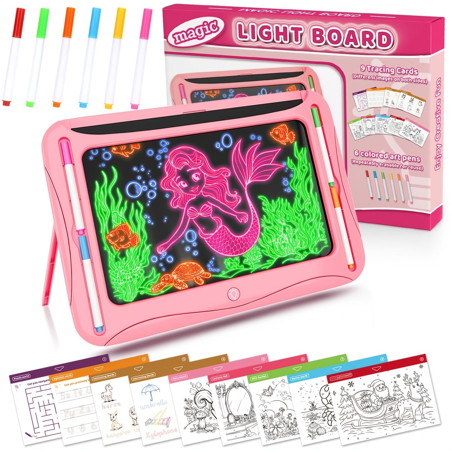 LED Light-Up Drawing Doodle Board for Kids Ages 3-8 – Glow Writing Art Set with 9 Double-Sided Cards & 6 Markers, Educational Learning Travel Toy, Birthday & Christmas Gift for Girls Boys