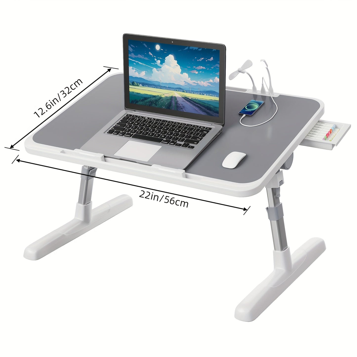 Lap Desk Bed Tray Table with USB Light Fan & Drawer – Adjustable Portable Laptop Stand for Bed Couch Sofa, Laptop Desk for Reading Writing Eating, 10 Colors & Sizes