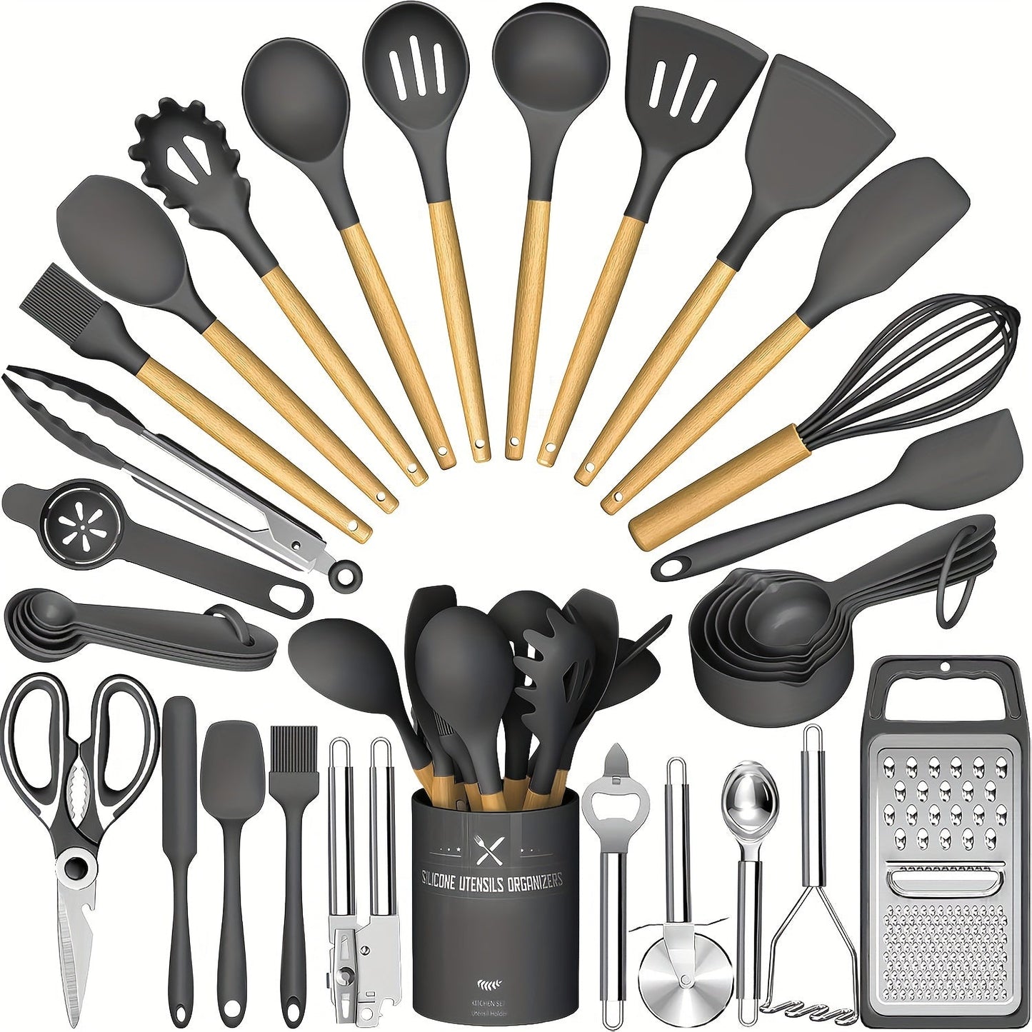 34-Piece Silicone Kitchen Utensils Set with Holder Wooden Handles | Heat Resistant Nonstick Safe Cooking Tools | Spatula Spoon Ladle Tongs Whisk | Khaki Black Gray | Father's Day Housewarming Gift
