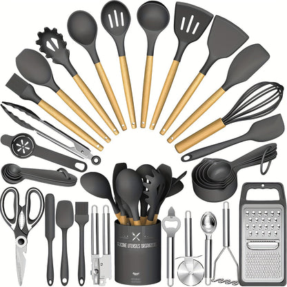 34-Piece Silicone Kitchen Utensils Set with Holder Wooden Handles | Heat Resistant Nonstick Safe Cooking Tools | Spatula Spoon Ladle Tongs Whisk | Khaki Black Gray | Father's Day Housewarming Gift