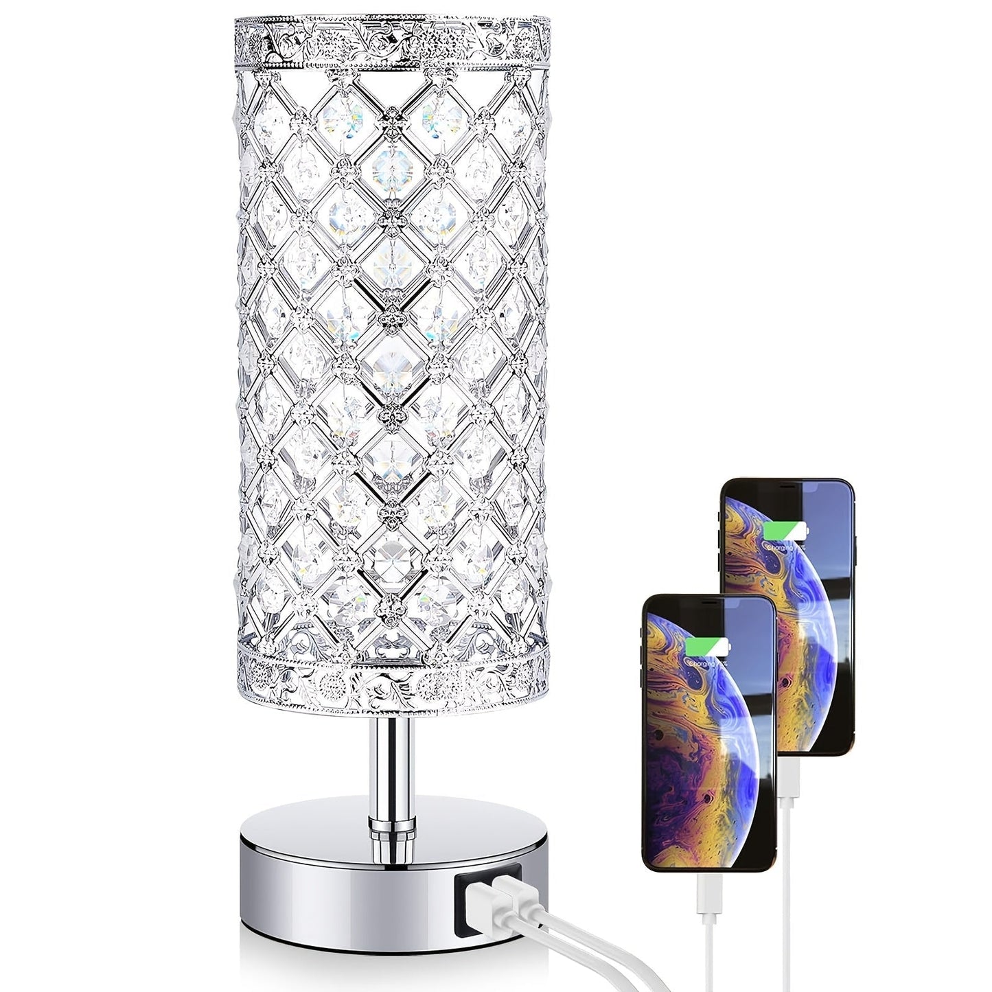 Crystal Touch Table Lamp 3-Way Dimmable with 2 USB Charging Ports LED Bulb Included Decorative Bedside Nightstand Light for Bedroom Living Room Office – Antique Bronze Rose Gold Silver