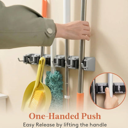 Wall-Mounted Mop and Broom Holder Organizer 5 Slots 6 Hooks Heavy-Duty Non-Slip Cleaning Tool Rack for Home Garage Kitchen Laundry Room Boat – Easy Install on Any Surface