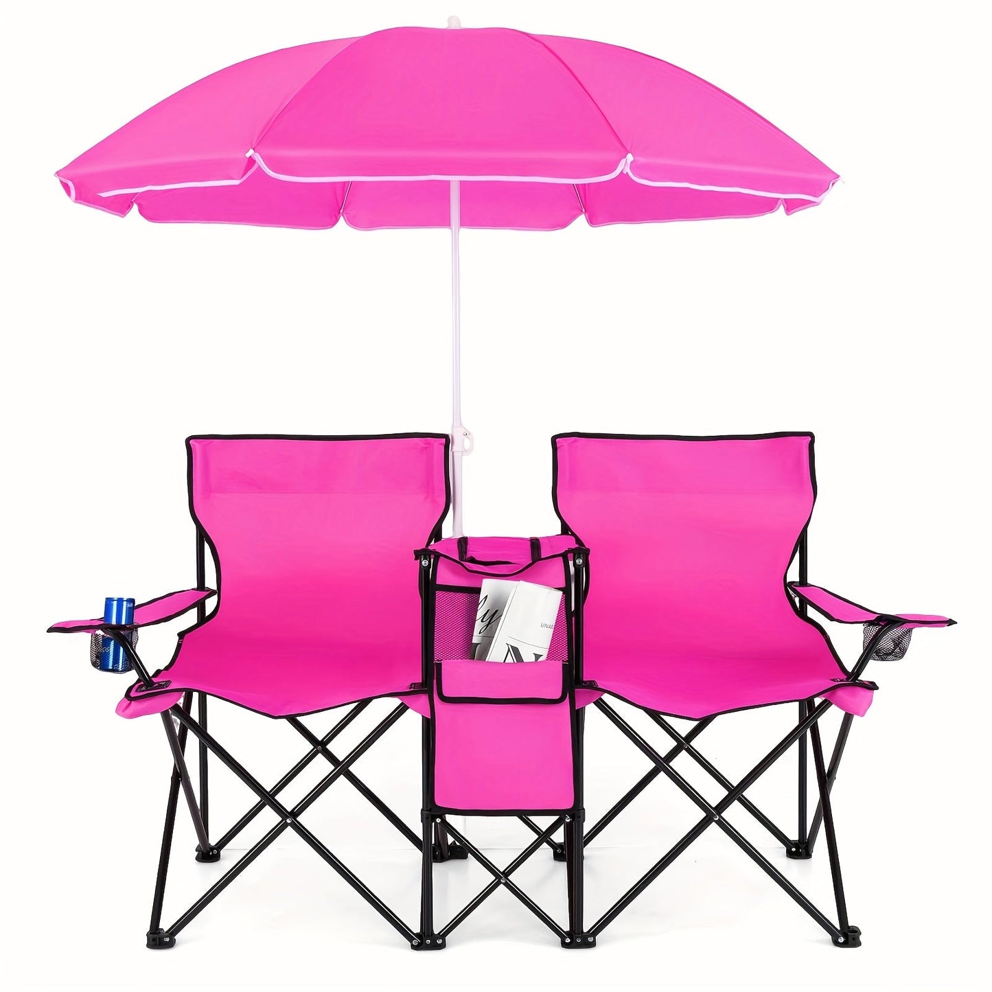 2-Person Folding Beach Chair Set with Umbrella, Table & Cooler Bag – Compact Collapsible Picnic Chair for Beach, Camping & Outdoor Outings, 270 lb Capacity Per Seat