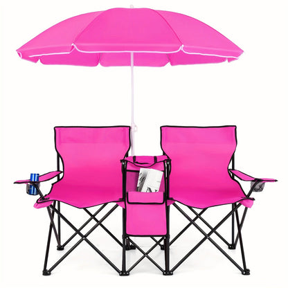 2-Person Folding Beach Chair Set with Umbrella, Table & Cooler Bag – Compact Collapsible Picnic Chair for Beach, Camping & Outdoor Outings, 270 lb Capacity Per Seat