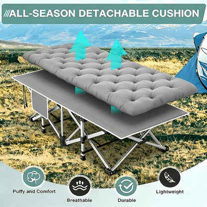 Folding Camping Bed with Mattress & Side Pockets – Heavy Duty Portable Cot for Adults, Foldable Guest Bed for Camping Outdoor Courtyard Terrace Office Guest Room