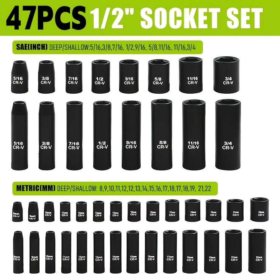 Impact Socket Set CR-V SAE & Metric 6-Point with Ratchet Handle Extension Rod – Choose 34pc 1/2" Drive, 47pc 3/8" Drive, or 53pc Tool Set for Car Repair Home Maintenance & Professional Use