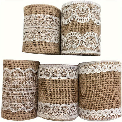 Burlap Lace Ribbon Roll 5pcs + Jute Twine 30 Yards Coarse Burlap for Wedding Decorations DIY Crafts Floral Arrangements Home Decor Gift Wrapping Rustic Party Decor Craft Supplies