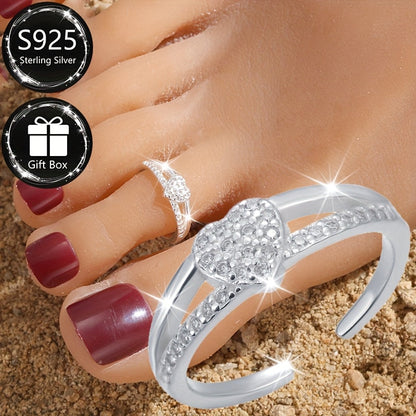 S925 Sterling Silver Heart Anklet for Women – Adjustable Cubic Zirconia Accent Ankle Bracelet, Romantic Valentine's Day & Beach Vacation Jewelry in Silver & Gold, Lightweight 1.3g Vintage Style