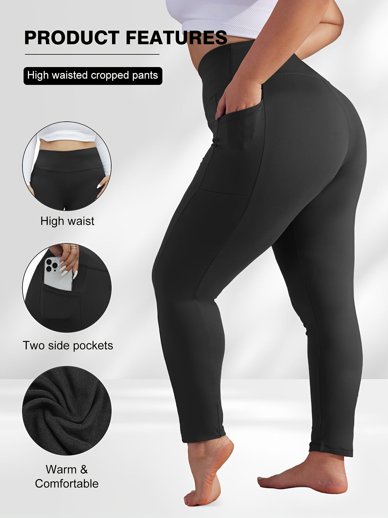 Women's Plus Size Yoga Pants with Pockets – High-Waist Fleece-Lined Warm Leggings for Fall & Winter, Tight-Fitting Elastic Sports Base Layer Pants, Sizes 1XL-5XL in Black, Gray, Burgundy & Navy