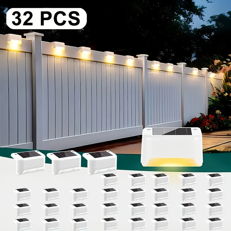 Solar LED Deck Lights Outdoor Stair Step Lights Auto On/Off 12-Hour Warm White Lighting for Fence, Pathway, Patio, Balcony & Yard – Weatherproof ABS, Pack of 8, 16 or 32 – No Wiring Required